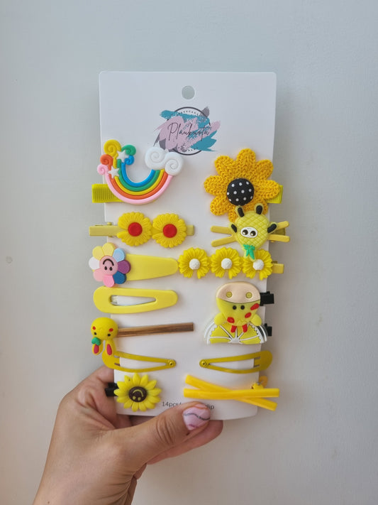 Geltonų žaismingų segtukų vaikams rinkinys