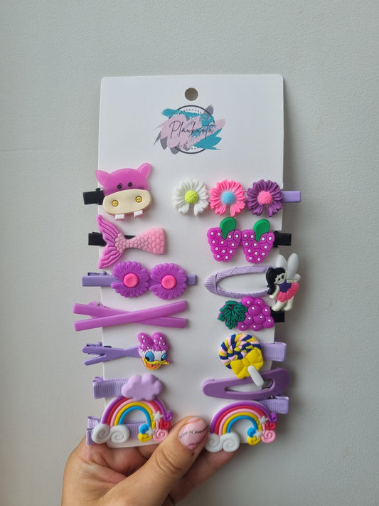 Violetinių spalvų  ir žaismingų segtukų vaikams rinkinys