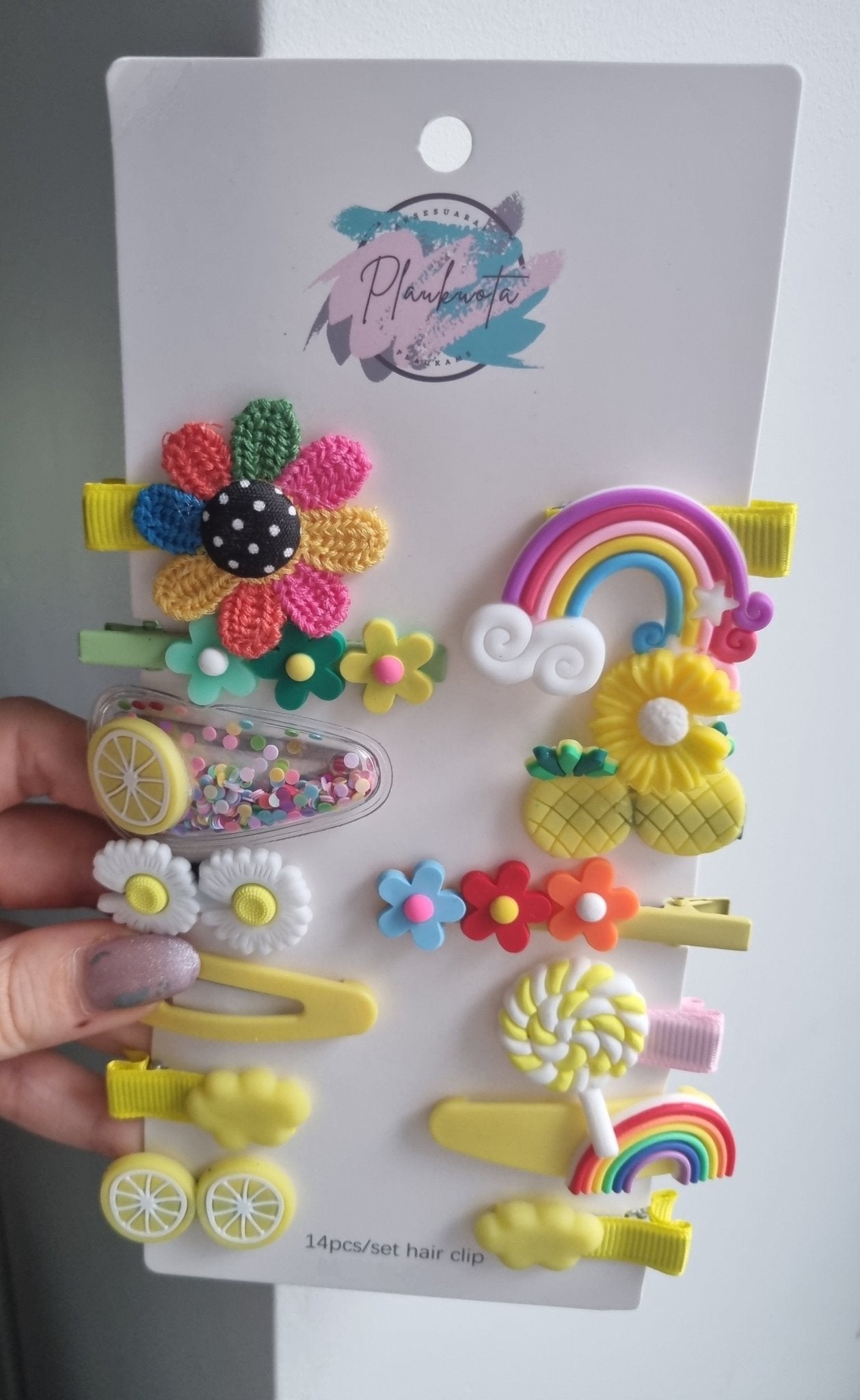 Geltonų ir kitų spalvų segtukų vaikams rinkinys - Plaukuota - segtukai