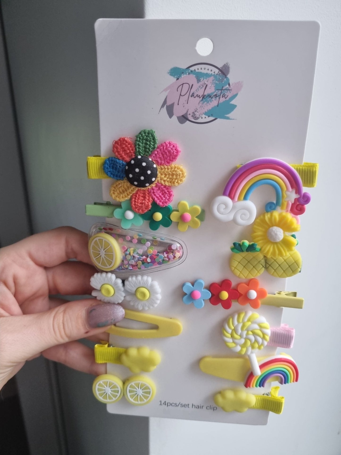 Geltonų ir kitų spalvų segtukų vaikams rinkinys - Plaukuota - segtukai