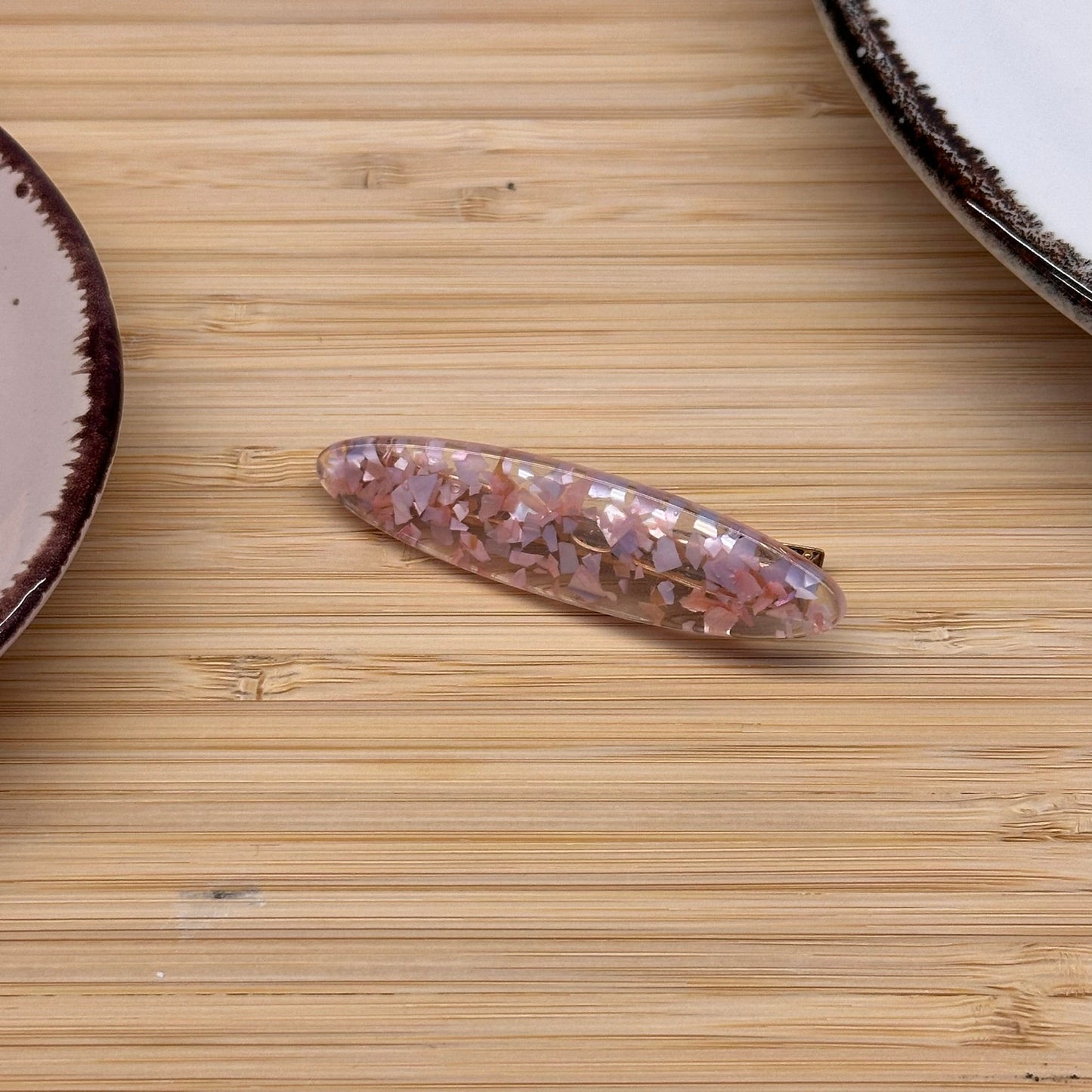 Plaukų aksesuaras segtukas marmūrinis ilgas ovalas ruzavos spalvos - Plaukuota-segtukai